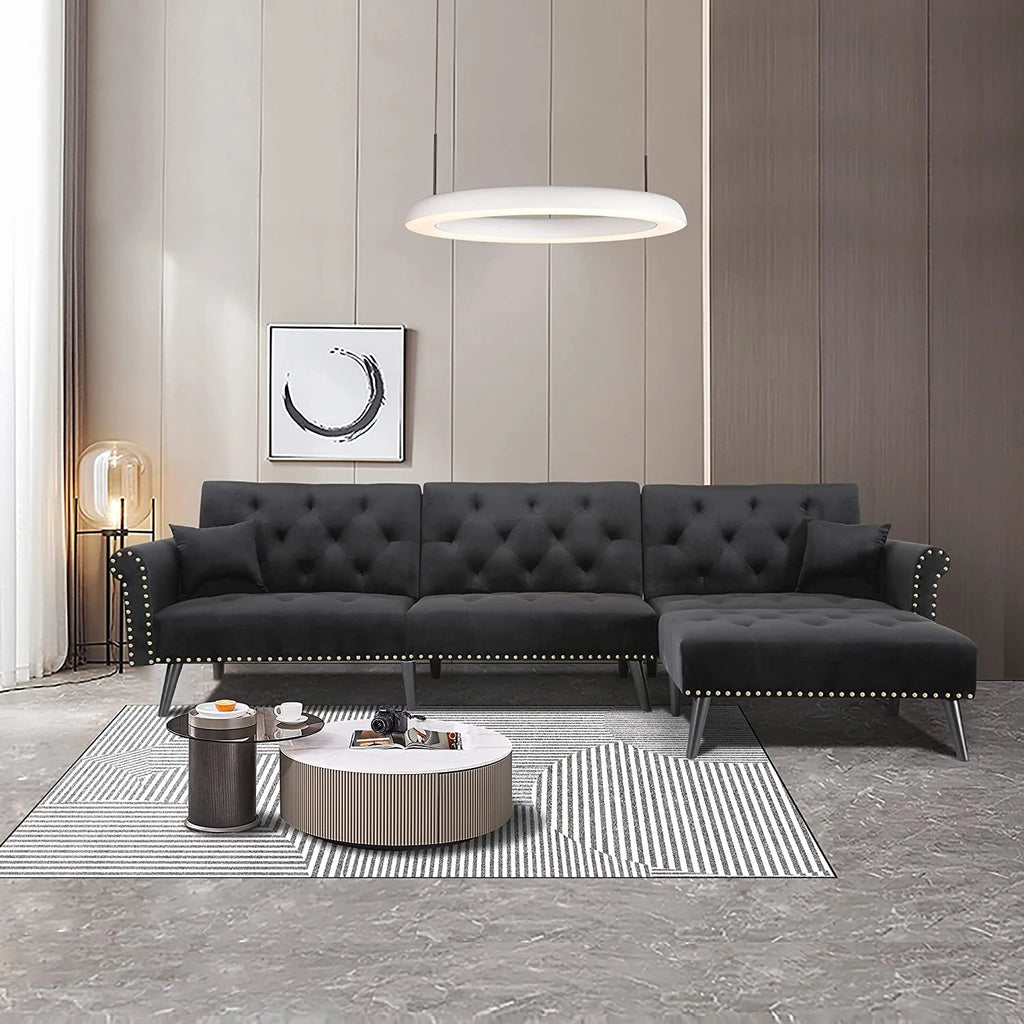 Black Velvet Convertible Sectional Sofa Sleeper Bed with Wood Legs K141146