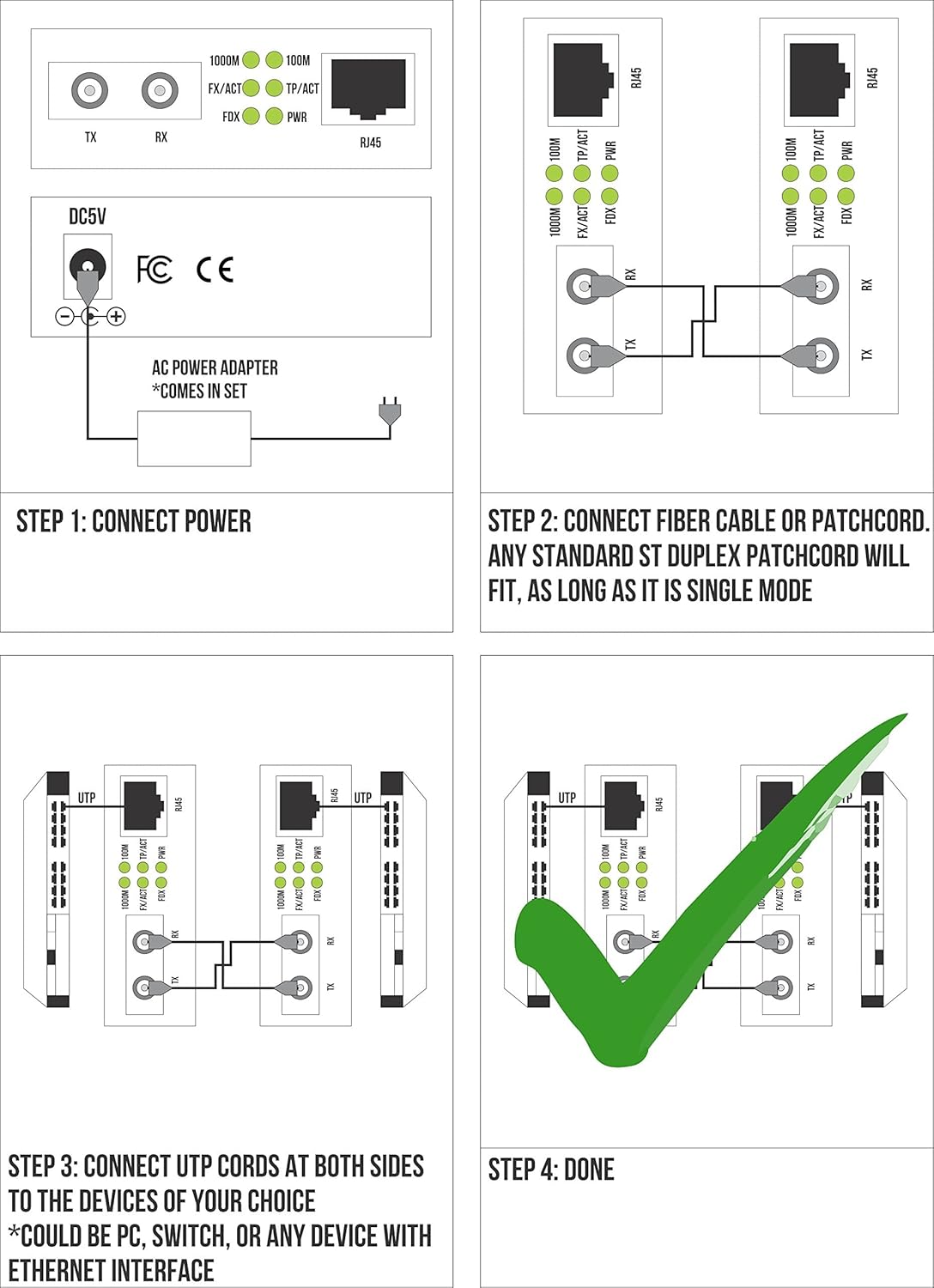 Gigabit Fiber Media Converter ST to UTP Cat5e Cat6 W539