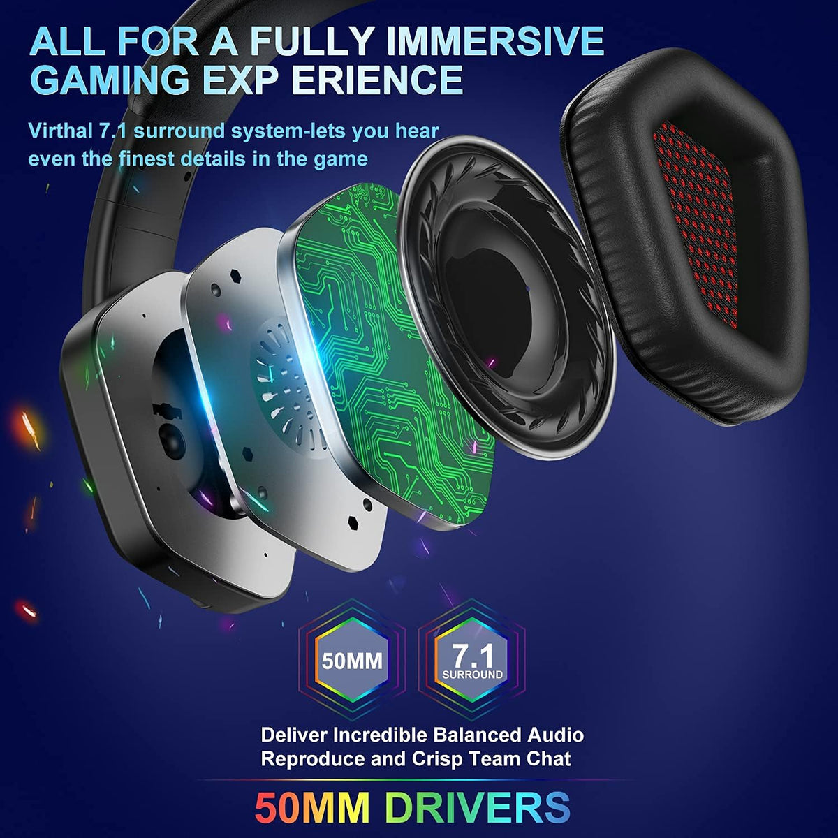 USB 7.1 Surround Sound Over Ear Wired Gaming Headset with Noise Cancelling Mic L2789