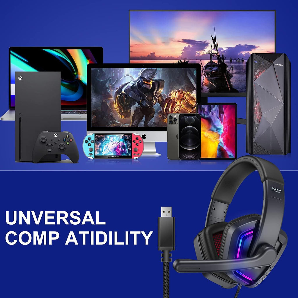 USB 7.1 Surround Sound Over Ear Wired Gaming Headset with Noise Cancelling Mic L2789