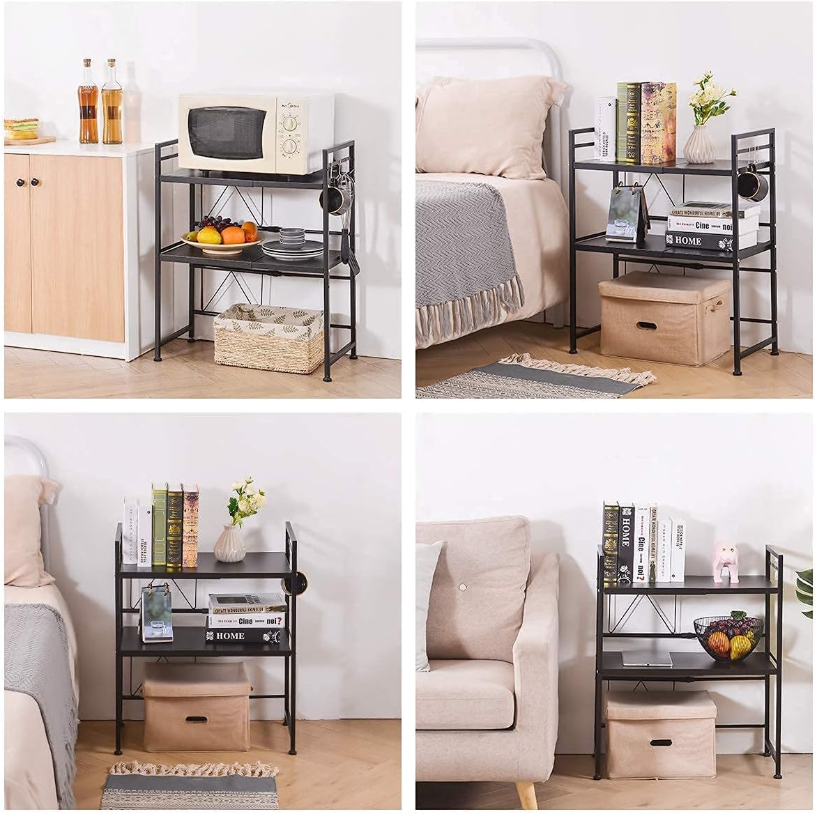 3-Tier Adjustable Heavy Duty Microwave Rack with 3 Hooks Carbon Steel Matte Black W68619