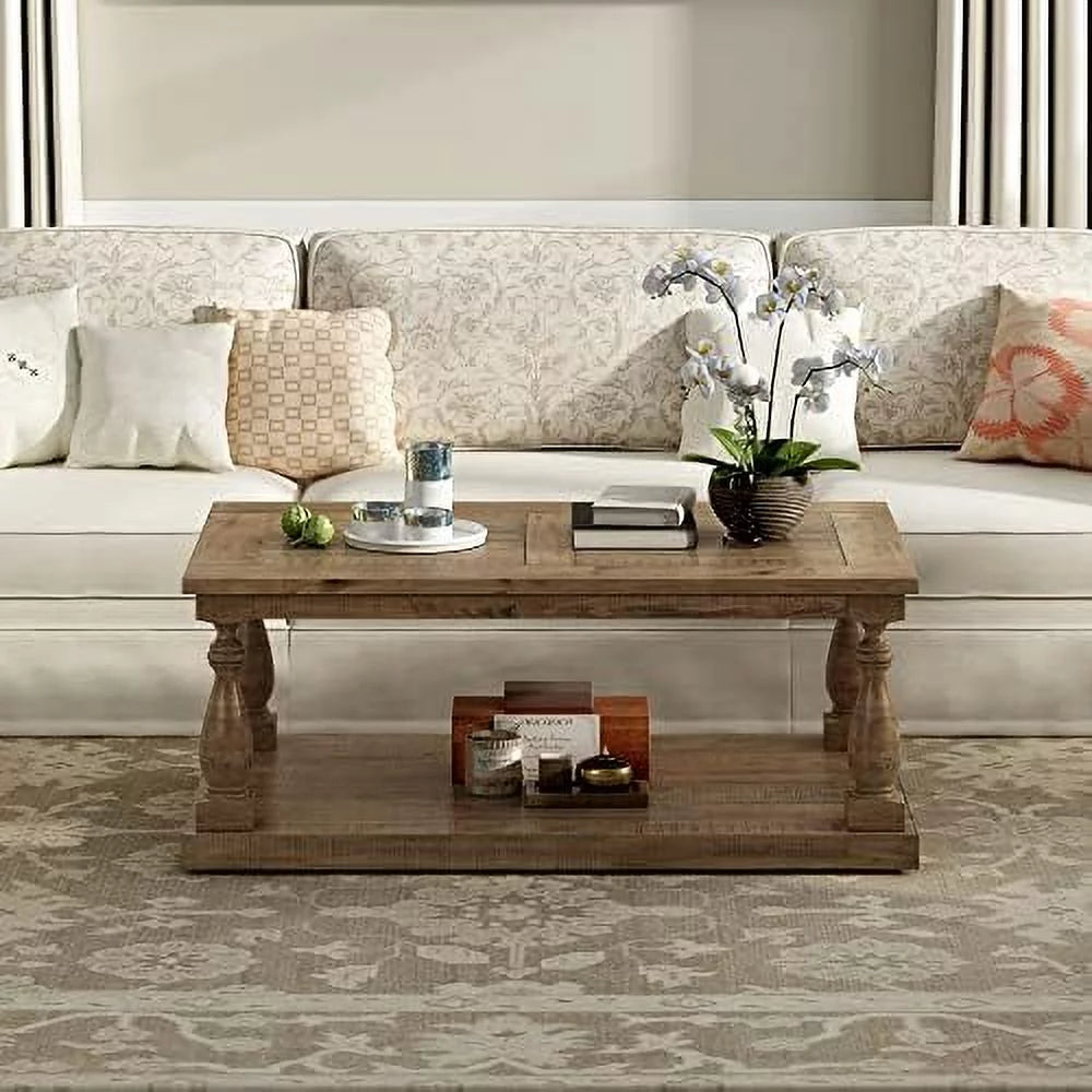 Yellow Brown Solid Pine Wood Coffee Table with Storage Shelf K123