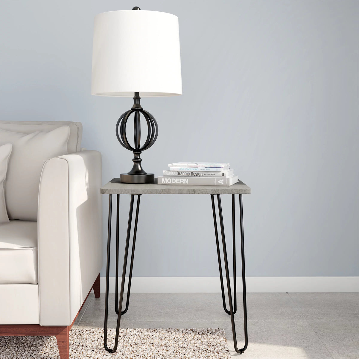 Modern End Table with Hairpin Legs and Woodgrain Finish Gray U218