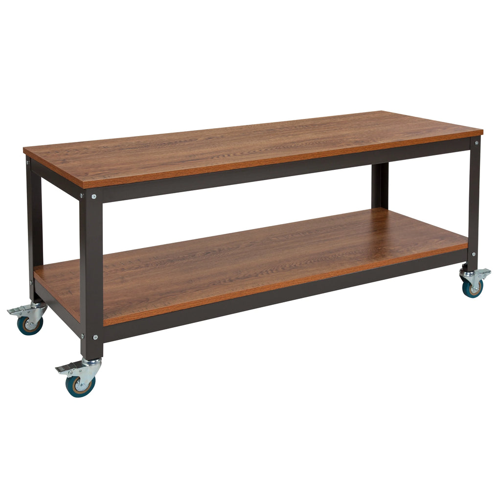 Brown Oak Wood Grain TV Stand with Metal Wheels C20985