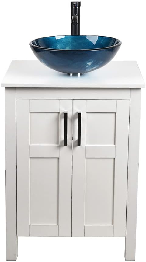 White 24 Inches Bathroom Vanity with 2 Doors Tempered Glass Sink Top B8517