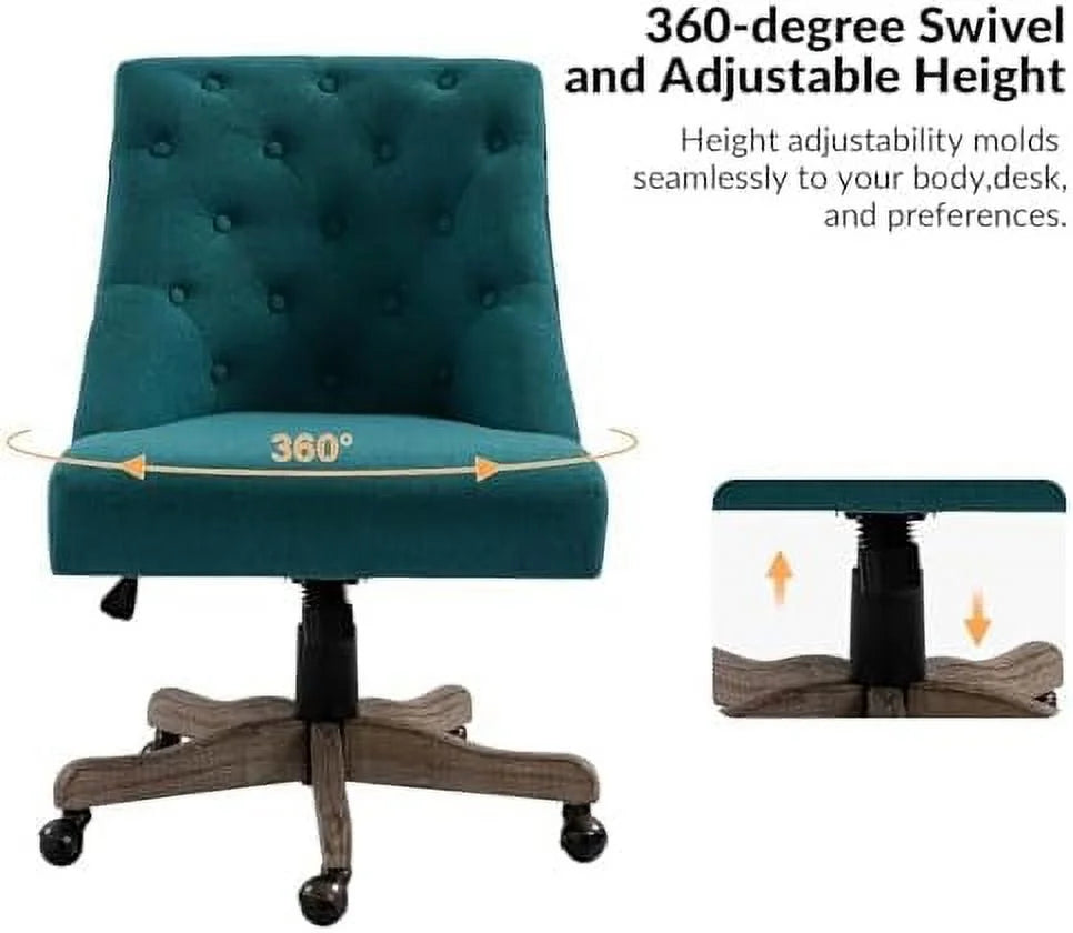Blue Tufted Upholstered Desk Chair with Wood Base I9855