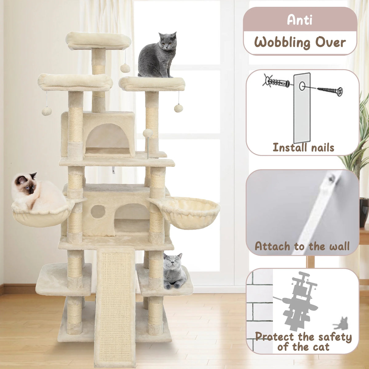 Beige Large Cat Tree with 2 Cat Condo & Scratching Posts S97274