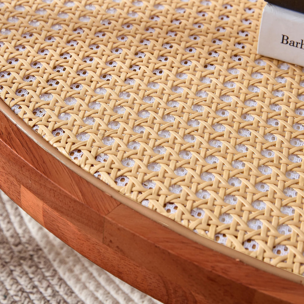 Solid Wood Coffee Table with Glass Top and PE Rattan C446936