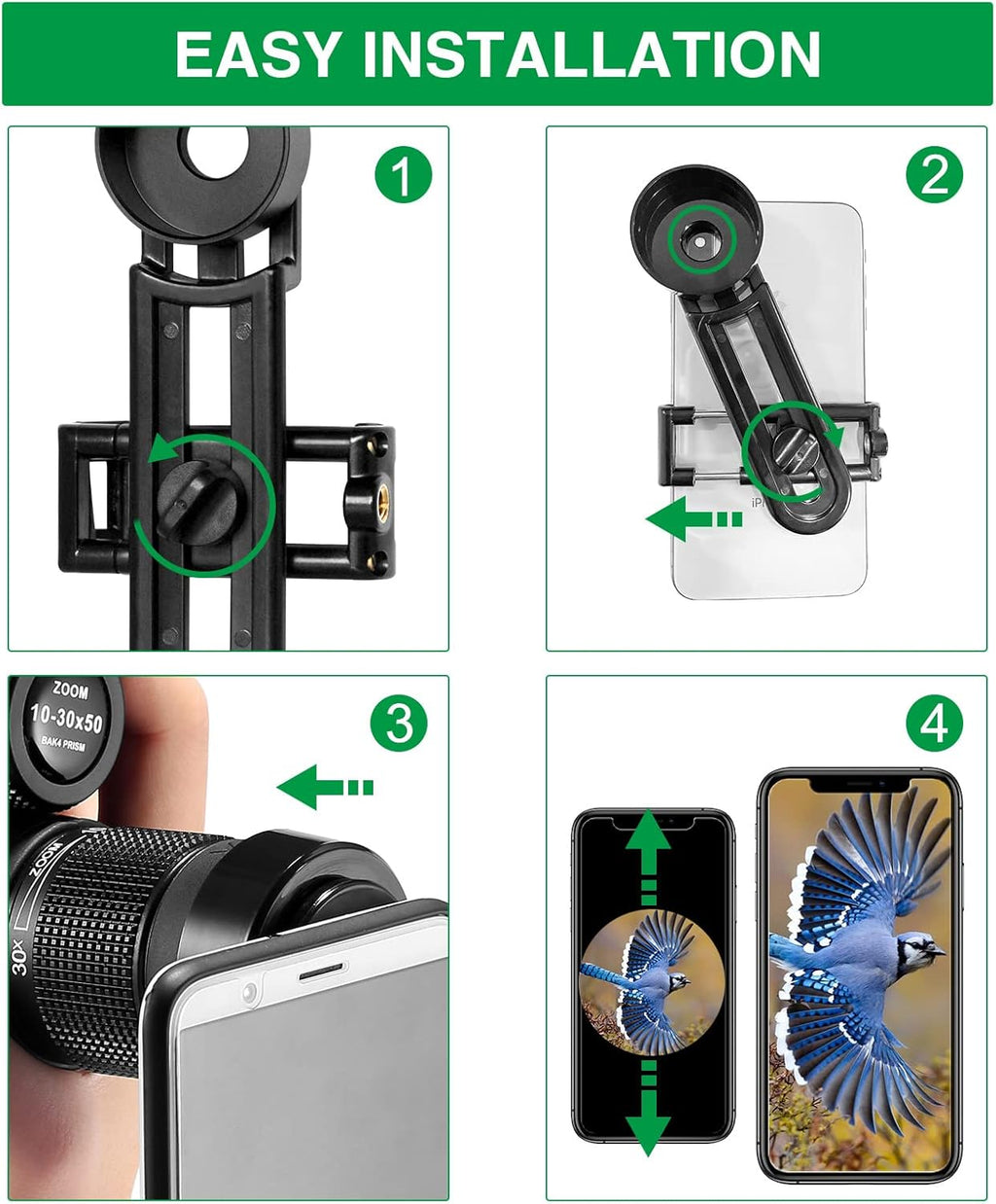 10-30X50 HD BAK4 Prism Monocular Telescope with Smartphone Adapter & Tripod P994709