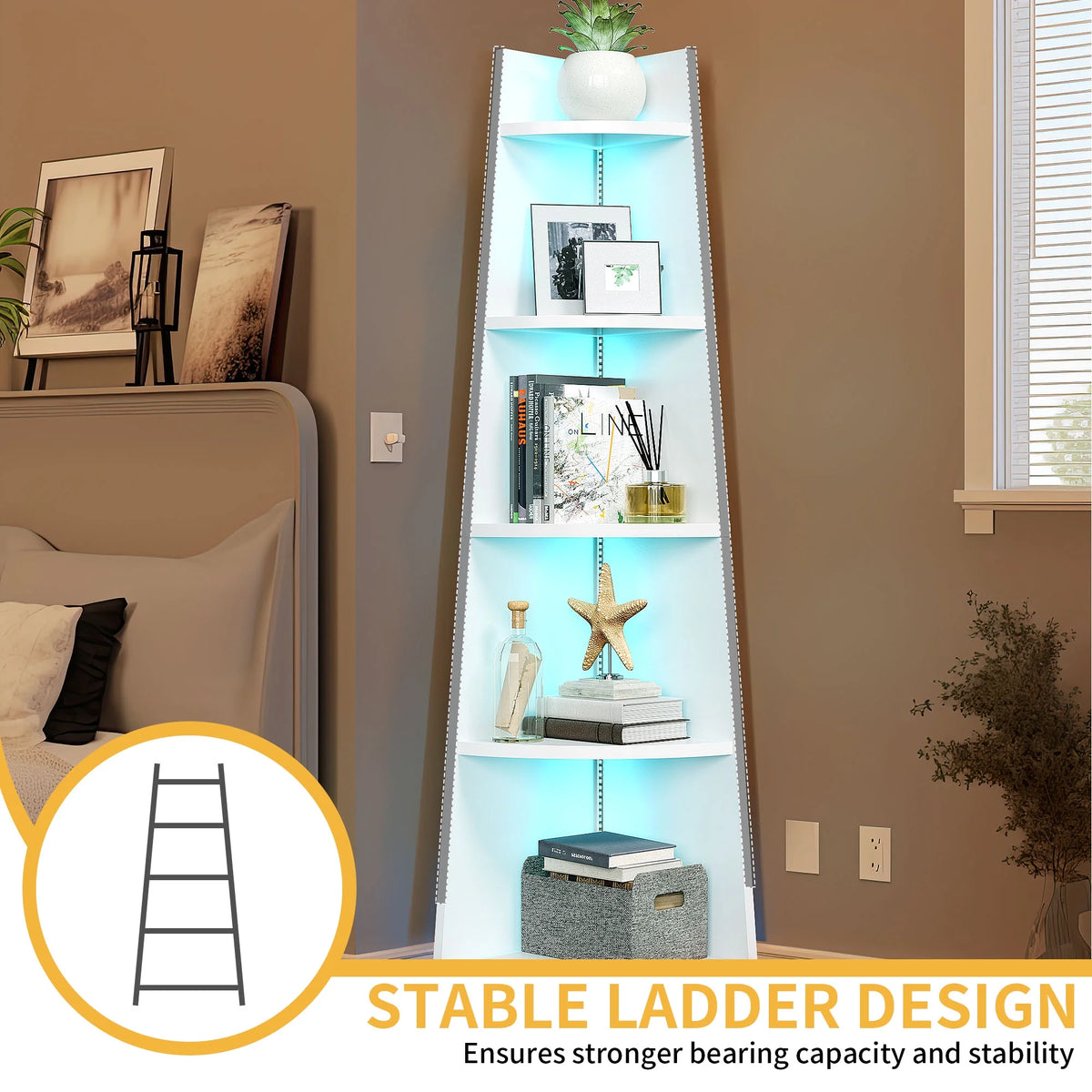 White 5 Tier Corner Shelf with Led Light X62351
