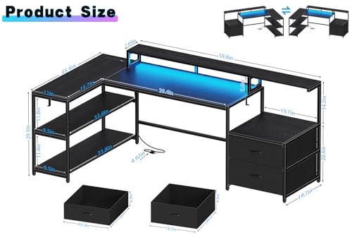White L Shaped Gaming Desk with Drawers, LED Lights, Power Outlets, Shelves N676486
