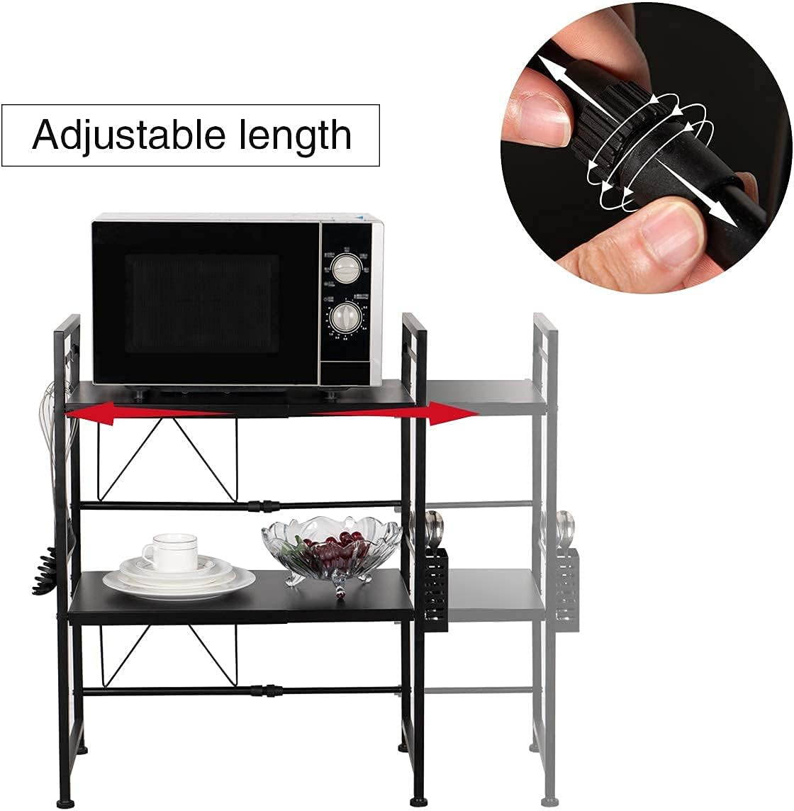 3-Tier Adjustable Heavy Duty Microwave Rack with 3 Hooks Carbon Steel Matte Black W68619
