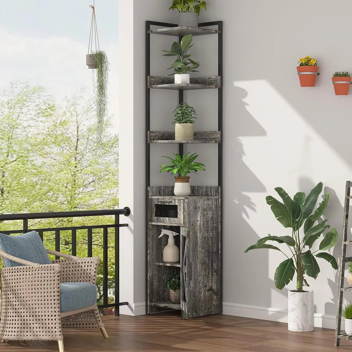 Grey 7-Tier Corner Cabinet with Drawer Z294804