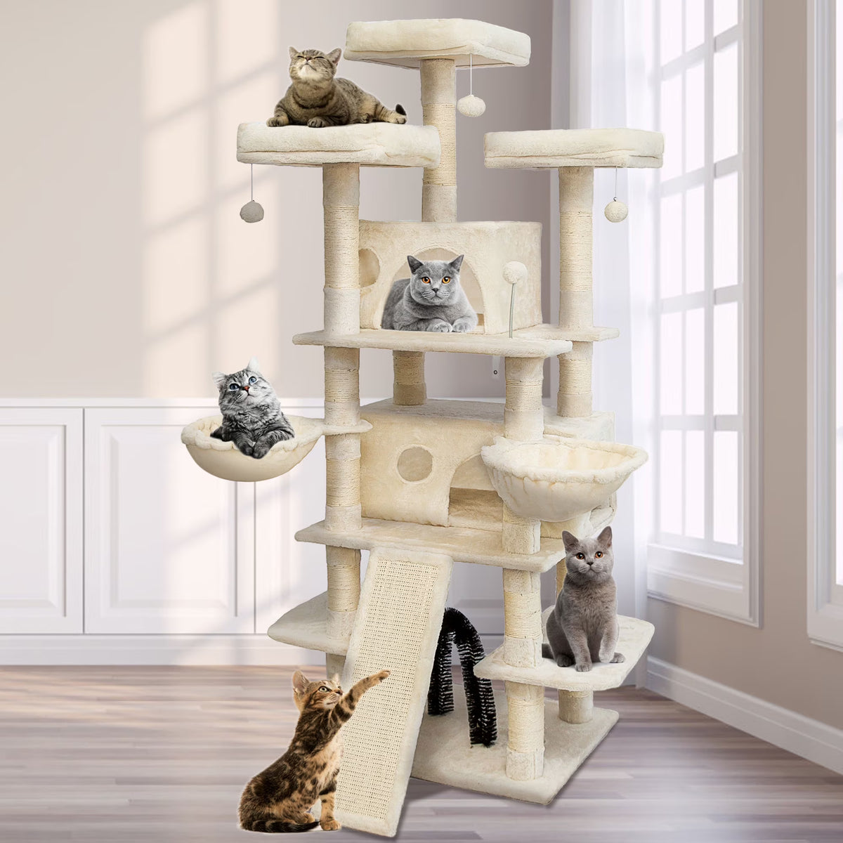 Beige Large Cat Tree with 2 Cat Condo & Scratching Posts S97274