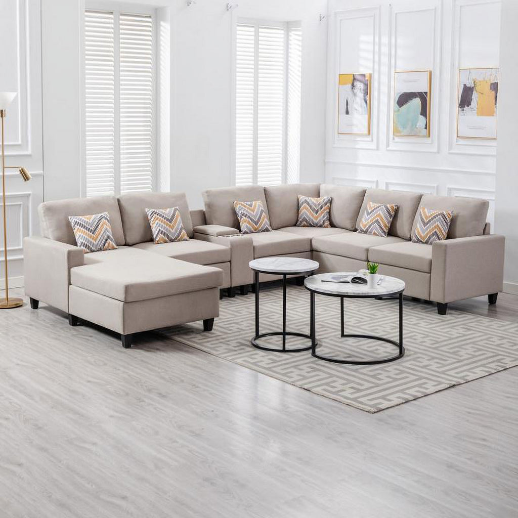Beige Fabric Reversible Sectional with Charging Port and Storage Console Y1559