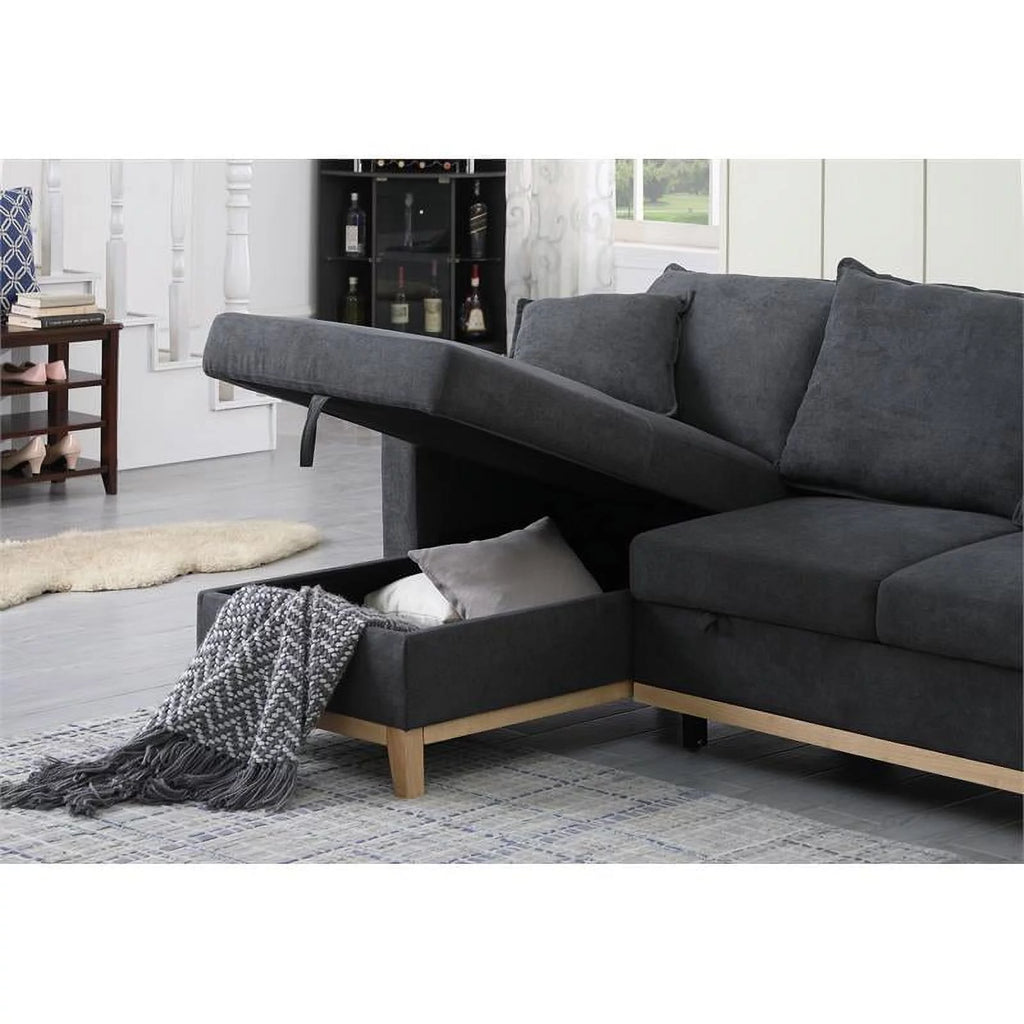Dark Gray Fabric Reversible Sleeper Sectional with Storage Chaise V355