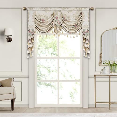Pearly Beige Jacquard Waterfall Valance with Tassels, W79Inch K19290