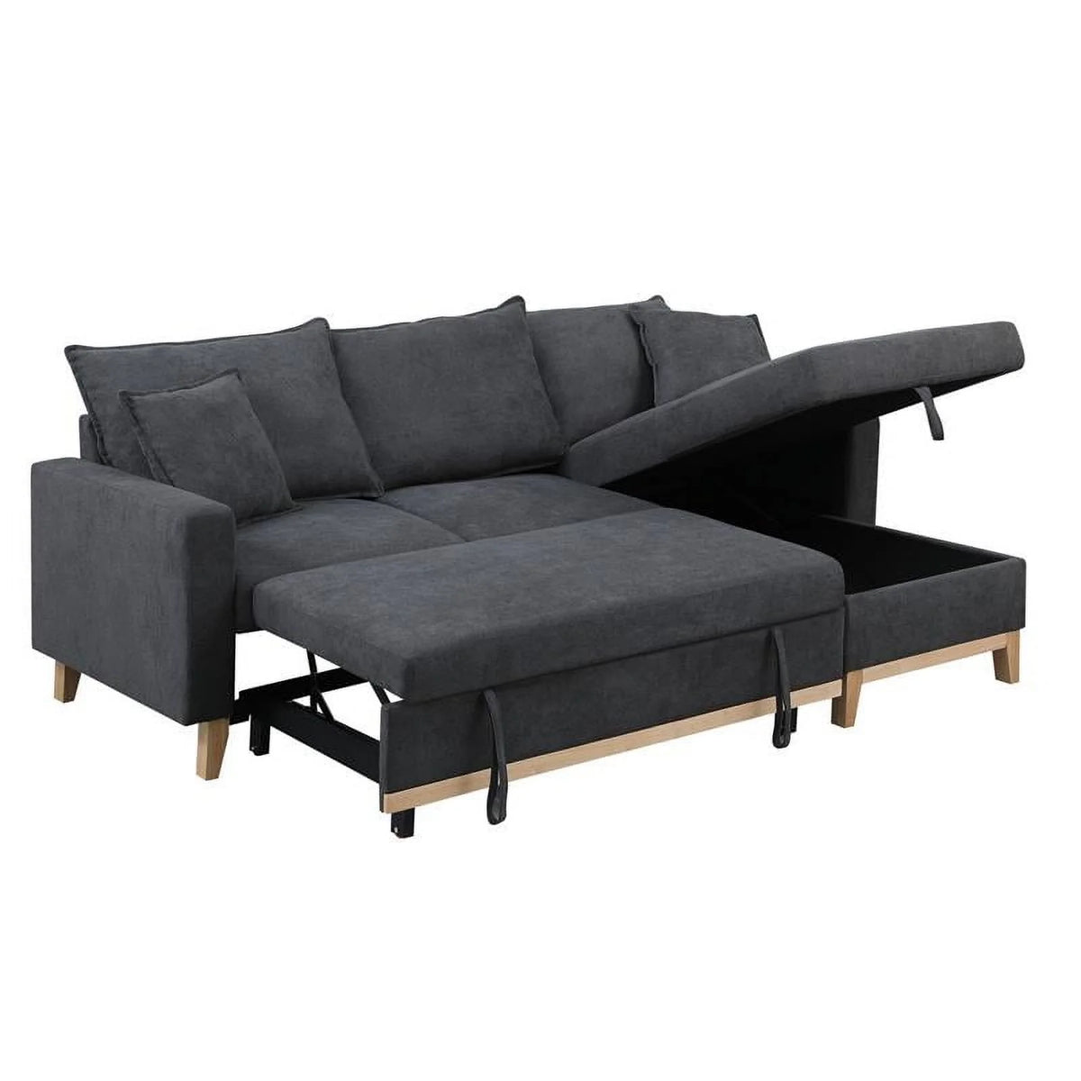 Dark Gray Fabric Reversible Sleeper Sectional with Storage Chaise V355