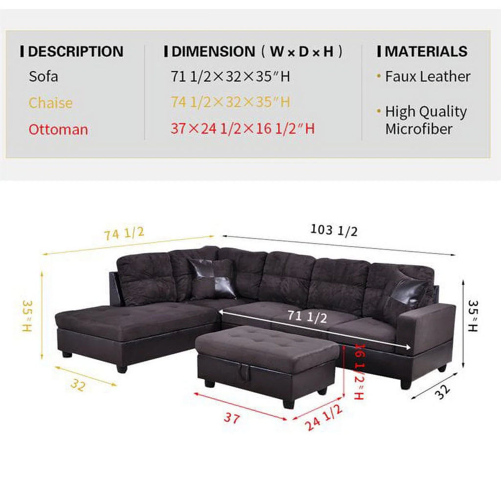 103.5" Wide Corner Microfiber Sectional Sofa with Storage Ottoman N22911