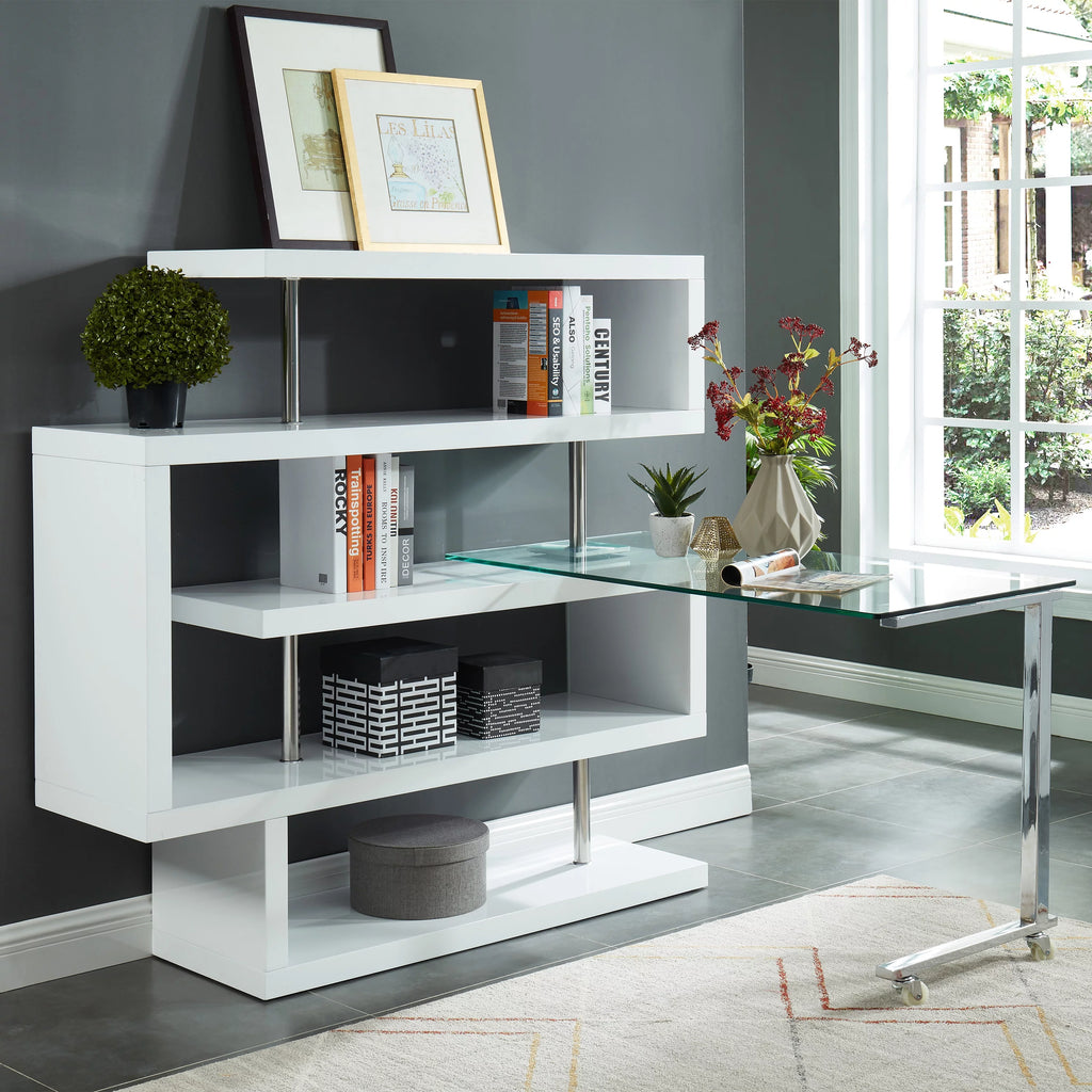 White Wood and Metal L-Shape Bookcase Desk G99829