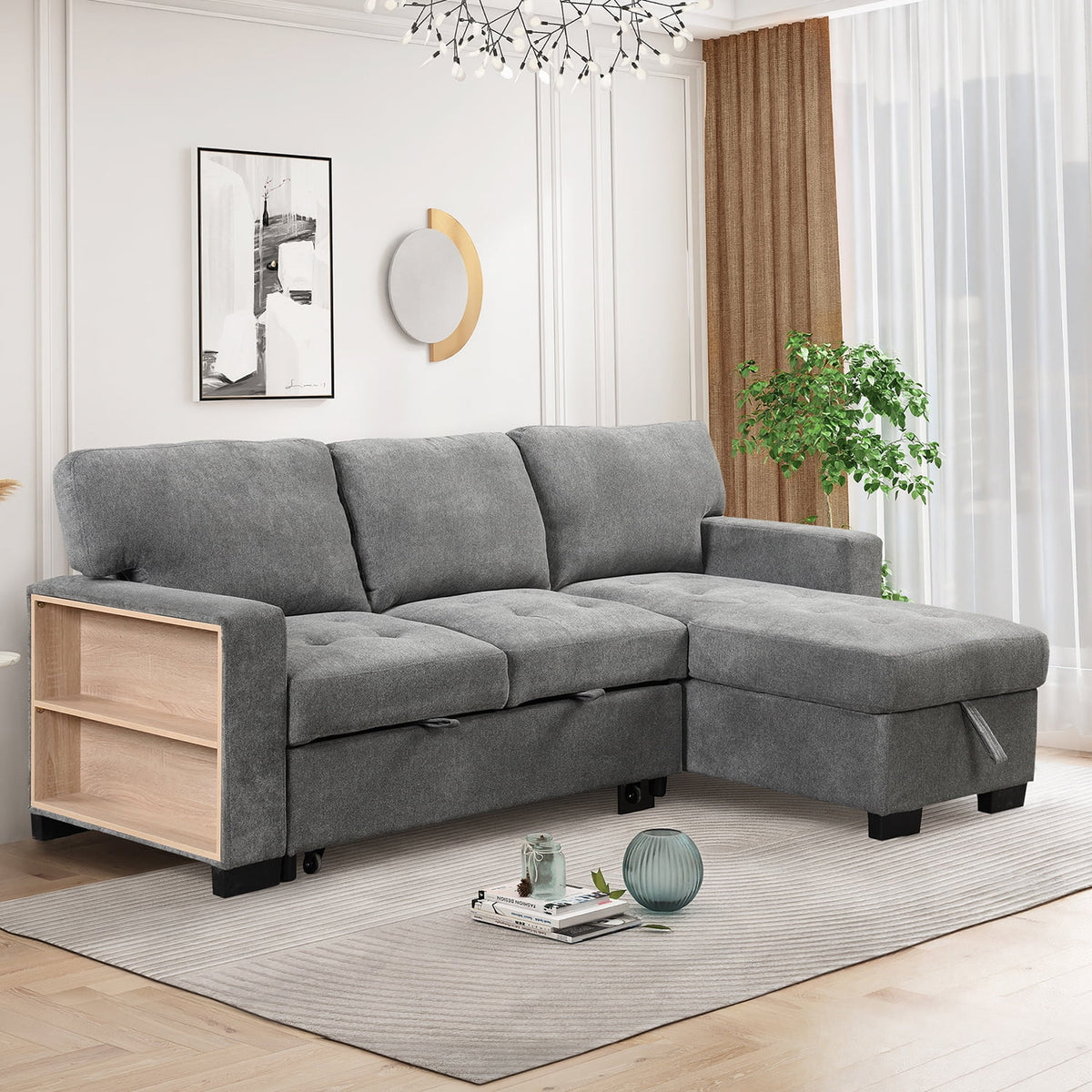 Gray L Shaped Sectional Sofa Bed with Storage A206