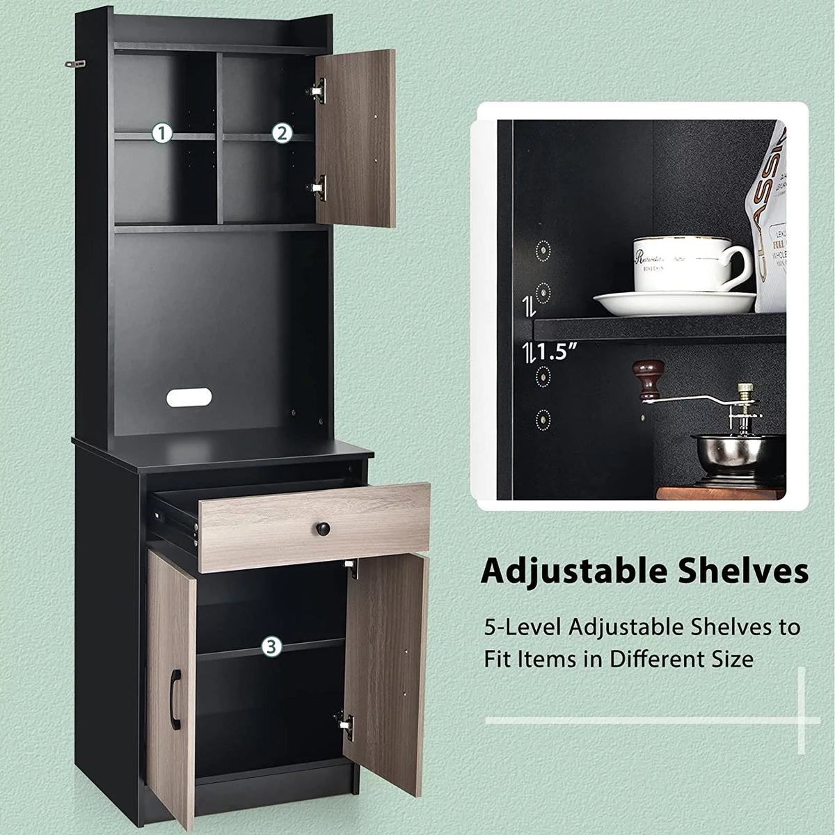 Tall Buffet Hutch Cabinet with Drawer and Shelf, Black & Natural N703