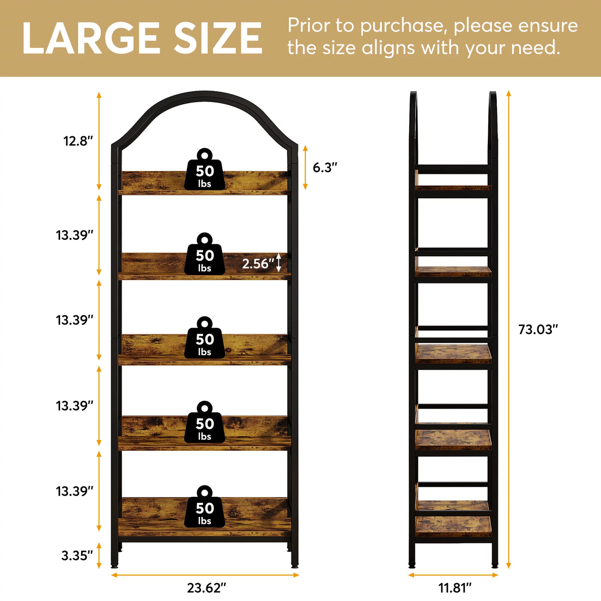 73 Inches 5-tier Arched Bookshelf with 4 Hooks V720