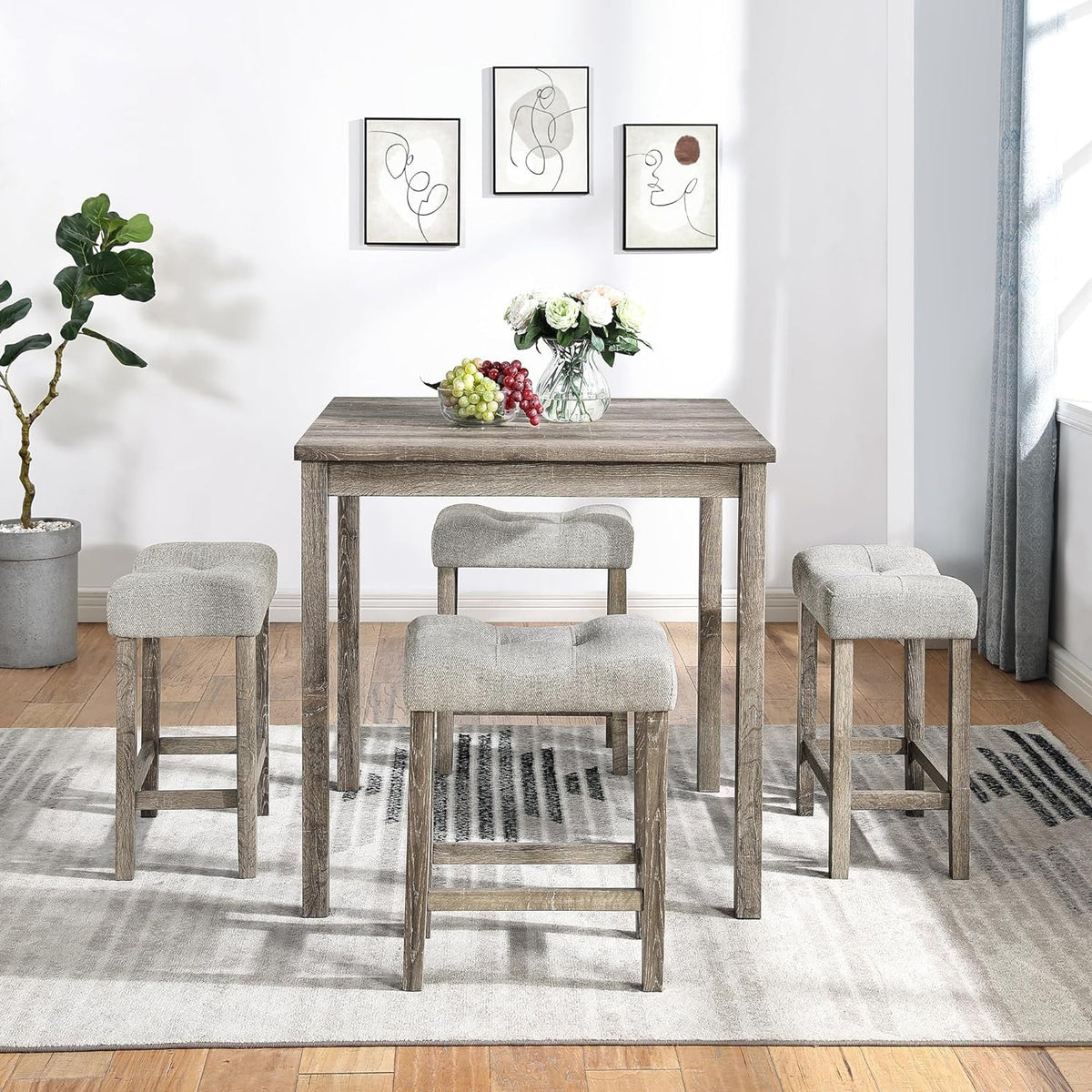 5 Piece Solid Wood Dining Table Set with 4 Upholstered Stools D99395