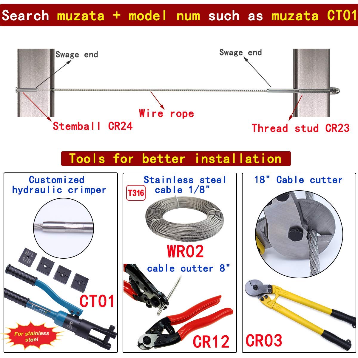 100Pack 1/8 T316 Stainless Steel Cable Railing Kit Hardware Terminal End Fitting K522
