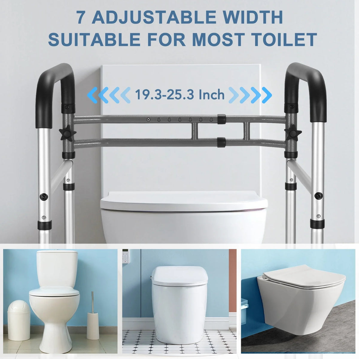 Toilet Safety Rail, 7 Adjustable Height & Width, Gray & Black U6298