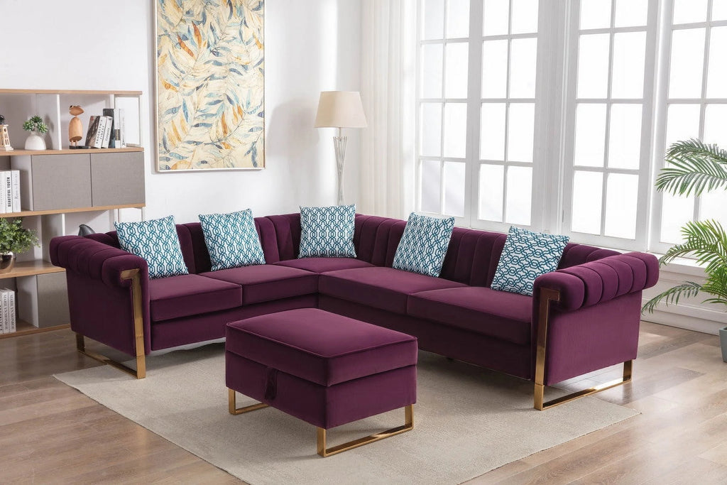 Purple Velvet 6-Seater Sectional Sofa with Storage Ottoman M69380