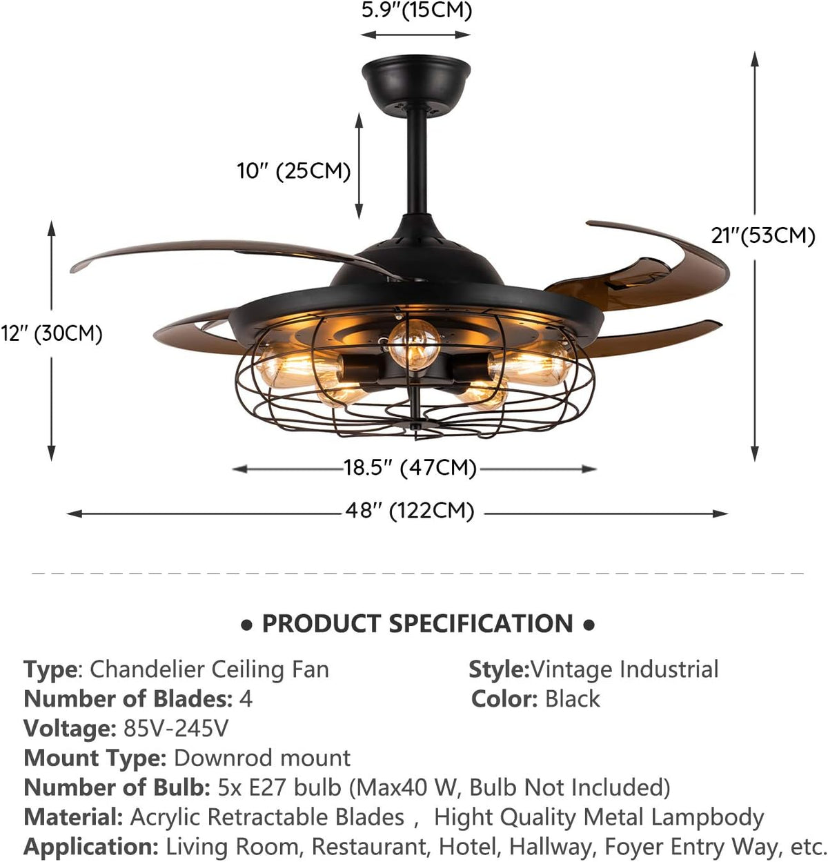 Black Reverse Ceiling Fan with Remote H340