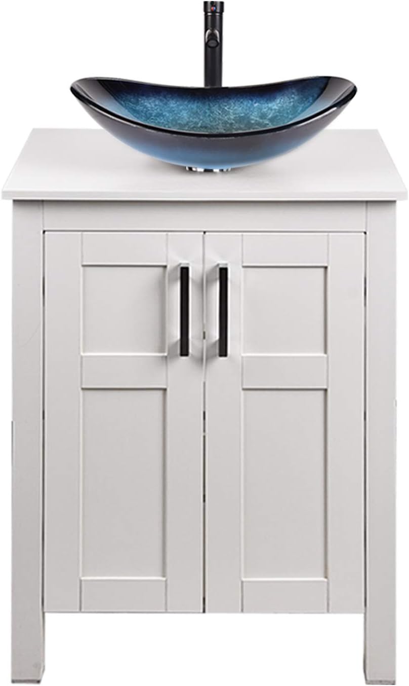 White 24 Inches Bathroom Vanity with 2 Doors Tempered Glass Sink Top B8517
