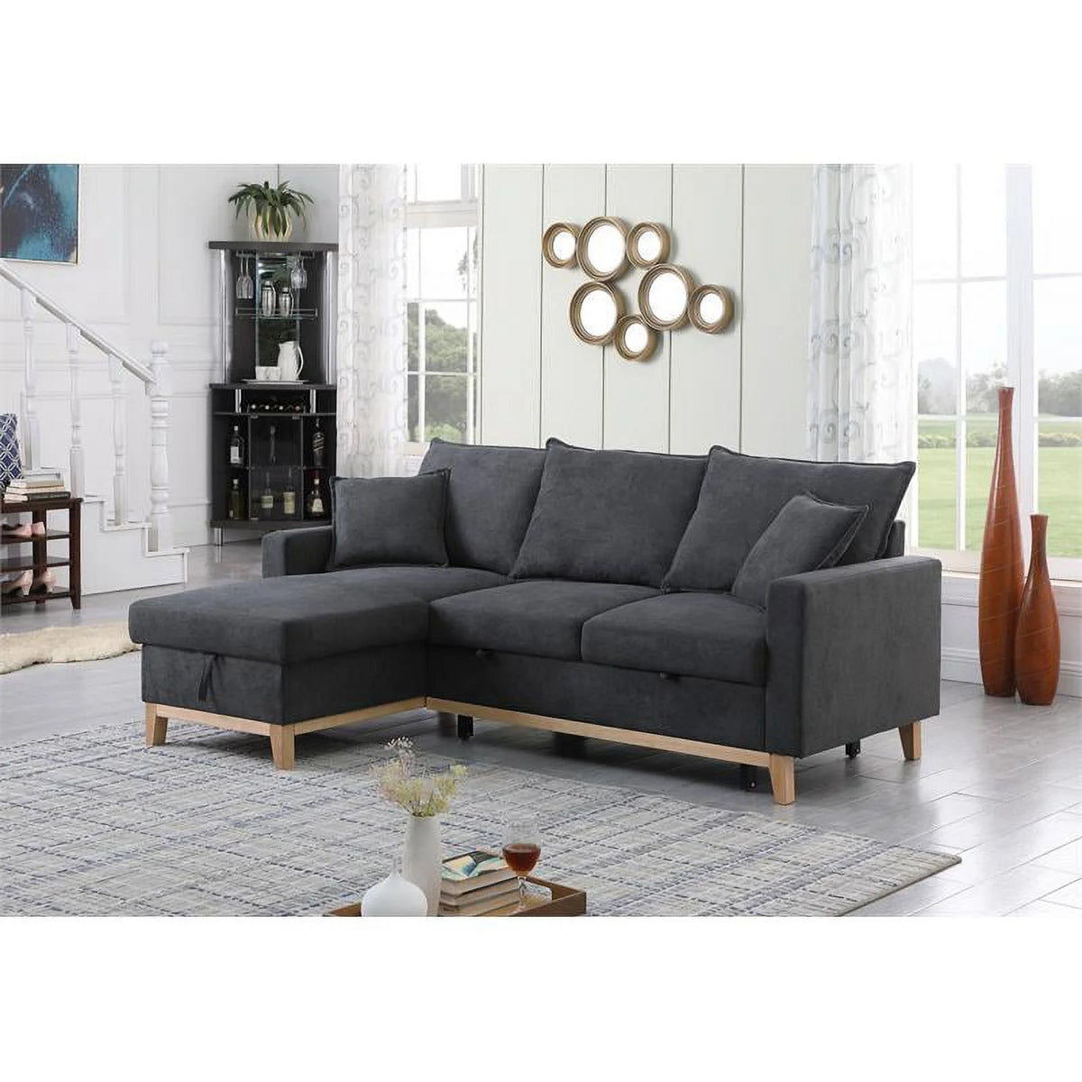 Dark Gray Fabric Reversible Sleeper Sectional with Storage Chaise V355