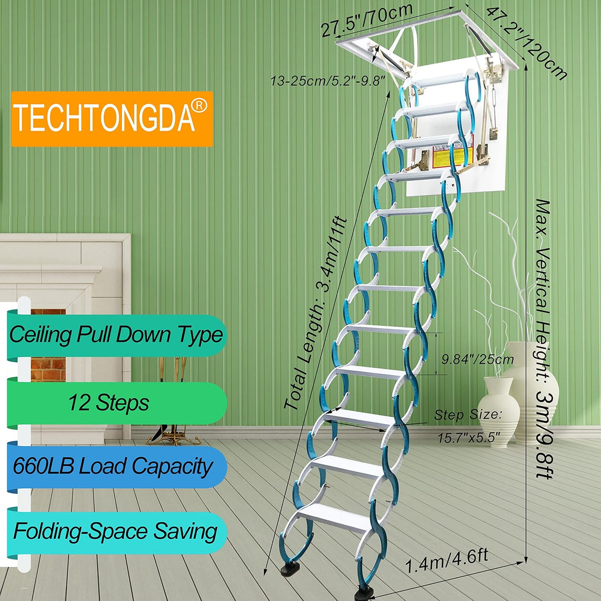 Blue Carbon Steel Folding Attic Ladder 9.8ft R537