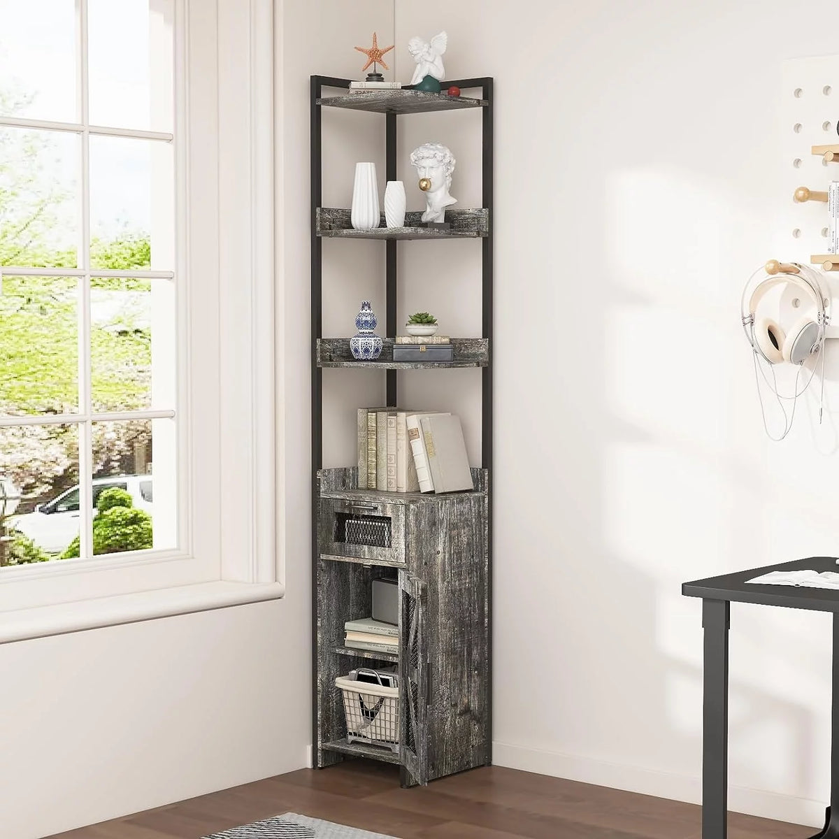 Grey 7-Tier Corner Cabinet with Drawer Z294804