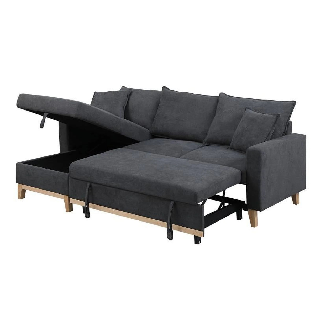 Dark Gray Fabric Reversible Sleeper Sectional with Storage Chaise V355