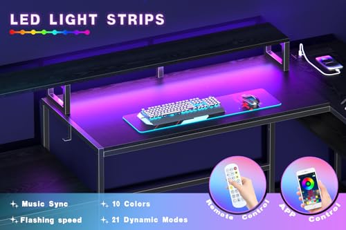 White L Shaped Gaming Desk with Drawers, LED Lights, Power Outlets, Shelves N676486
