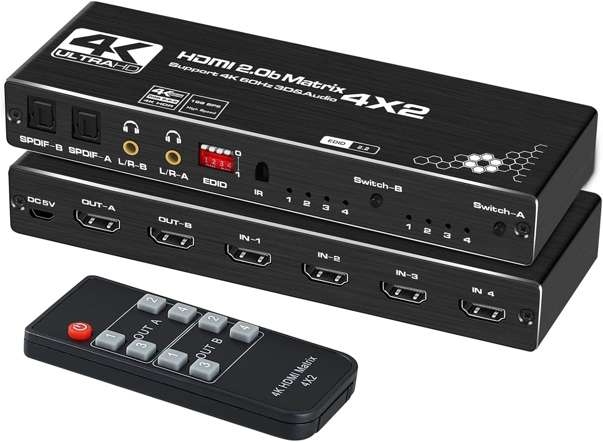 4K@60Hz 4x2 HDMI Matrix Switch with Optical and L/R Audio Output, HDCP2.2, HDR 10, Pack of 2 H29766