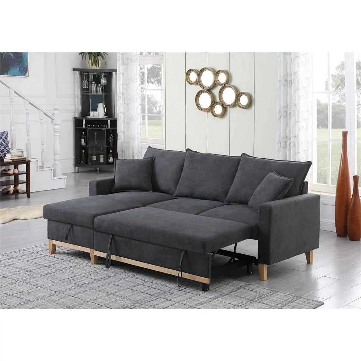 Dark Gray Fabric Reversible Sleeper Sectional with Storage Chaise V355