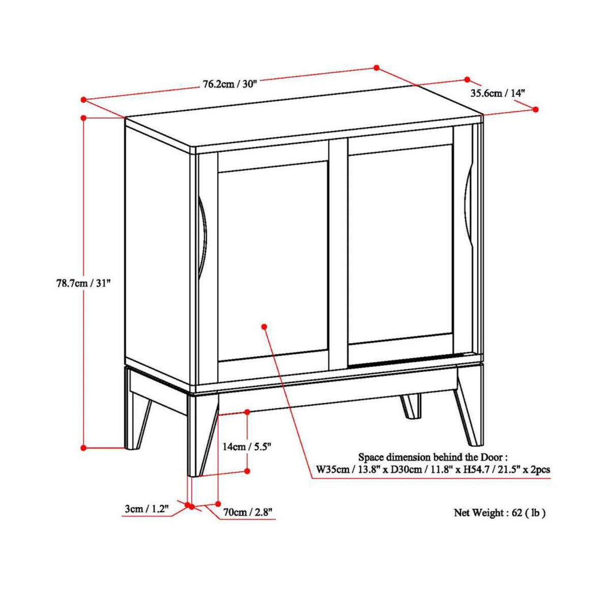 30 inch Wide Low Storage Cabinet in Teak Brown K307