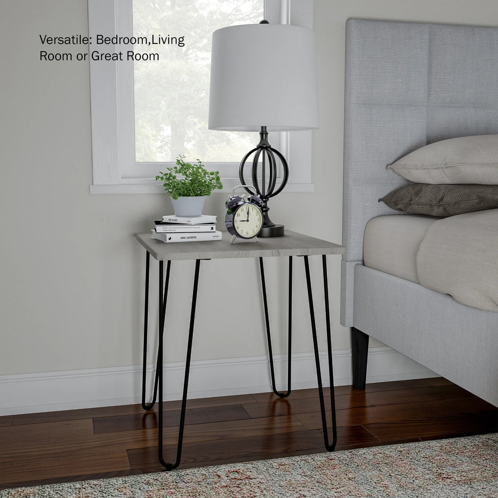 Modern End Table with Hairpin Legs and Woodgrain Finish Gray U218