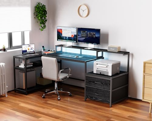 White L Shaped Gaming Desk with Drawers, LED Lights, Power Outlets, Shelves N676486