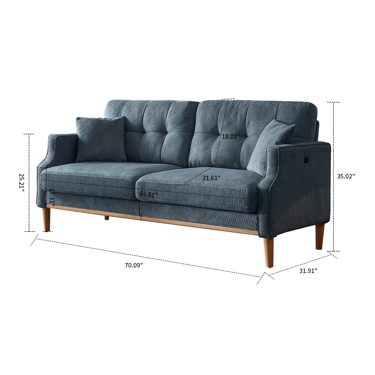 Dark Blue Polyester Three Seat Sofa with Two Pillows I60650