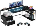 White L Shaped Gaming Desk with Drawers, LED Lights, Power Outlets, Shelves N676486