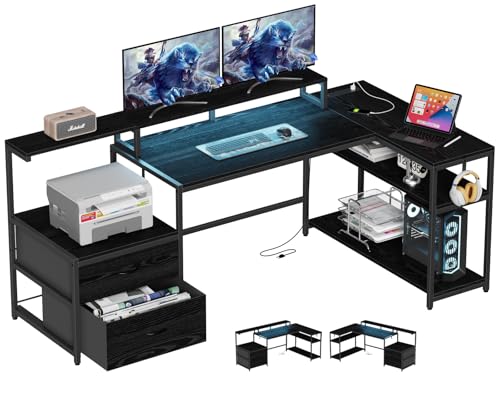 White L Shaped Gaming Desk with Drawers, LED Lights, Power Outlets, Shelves N676486