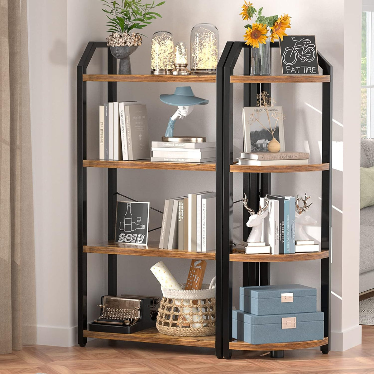 4-Tier Bookshelves Set of 2, Grey Open Display Shelves L556