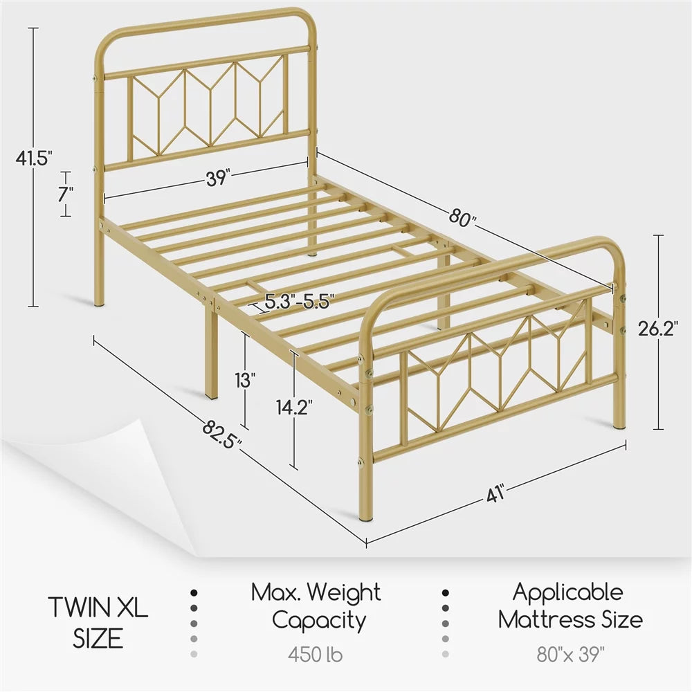 Twin XL Antique Gold Metal Platform Bed M8974