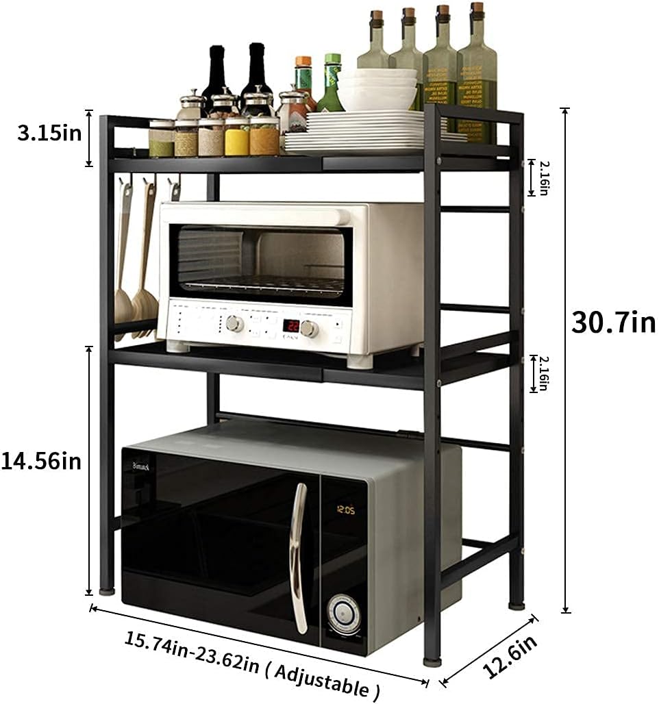 3-Tier Adjustable Heavy Duty Microwave Rack with 3 Hooks Carbon Steel Matte Black W68619