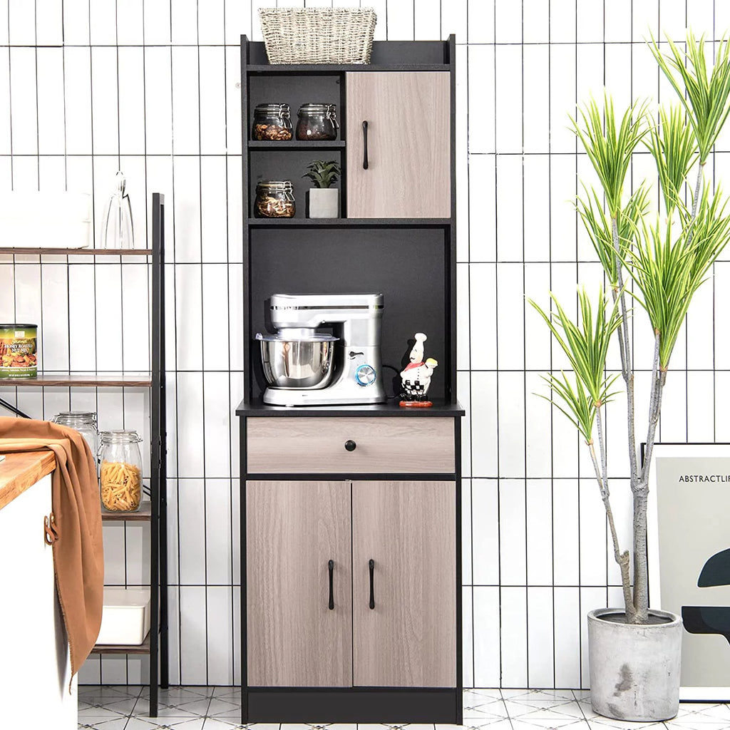 Tall Buffet Hutch Cabinet with Drawer and Shelf, Black & Natural N703